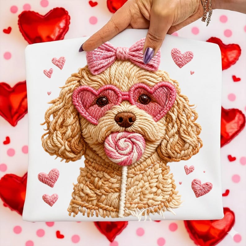 Adorable Valentine Dog PNG design featuring a puppy with heart glasses and a lollipop