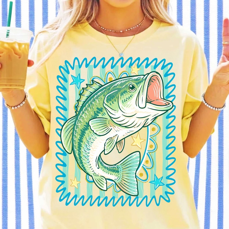 Vibrant Bass Fish PNG design for summer fishing shirts and sublimation projects.