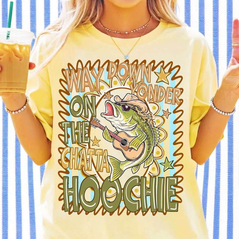 Vibrant Retro 90s Country Fishing PNG design with a striped bass guitar fish