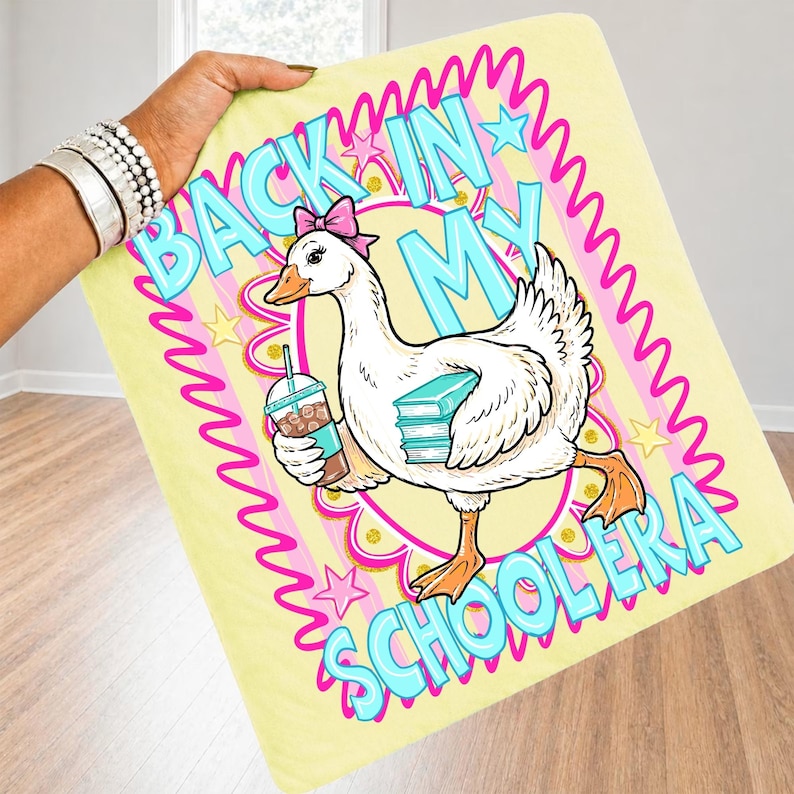 A vibrant 'Back In My School Era' PNG design featuring a stylish goose character, colorful letters, and preppy school elements, perfect for sublimation.