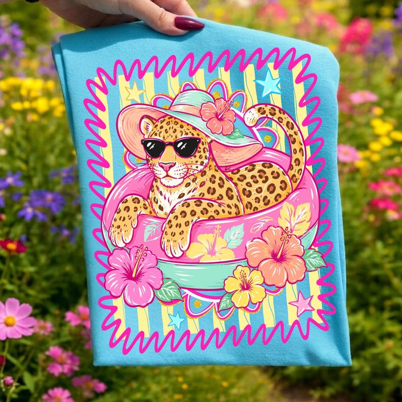 Vibrant Preppy Summer Leopard PNG Font Bundle featuring retro beach elements