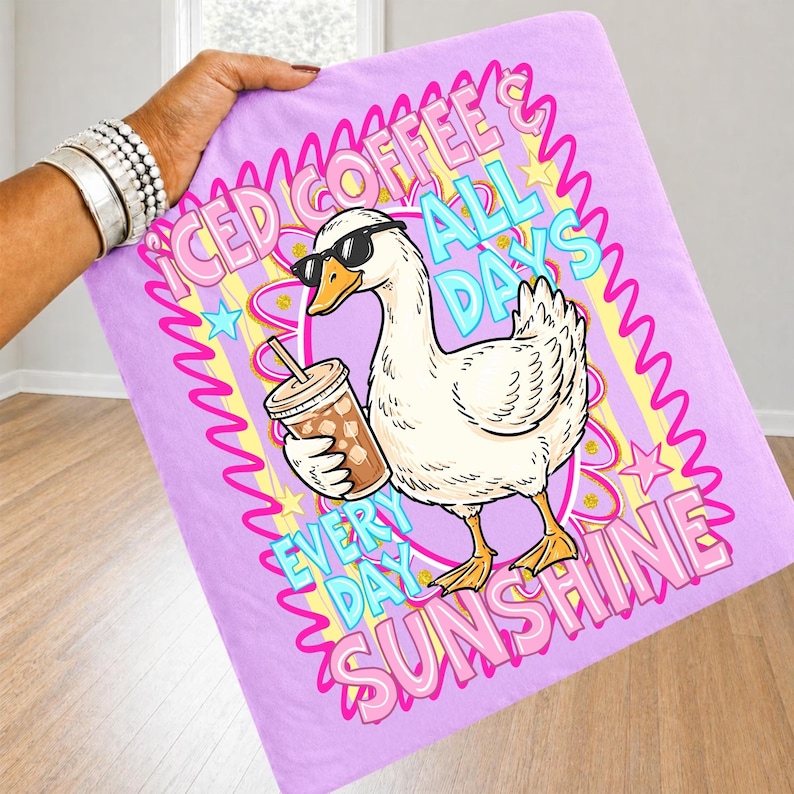 Playful Goose with Iced Coffee and Retro Stripes PNG Design
