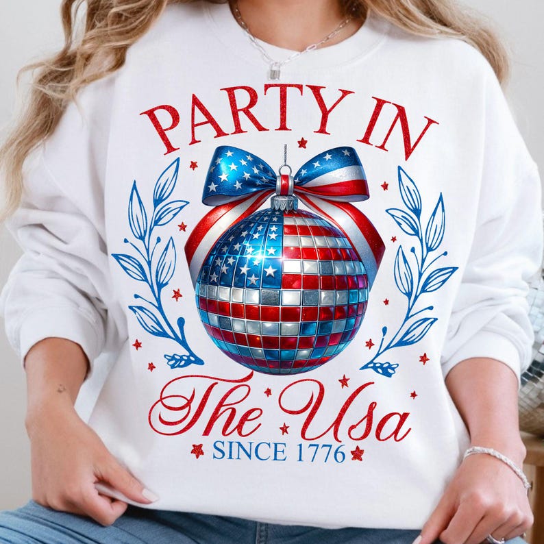 Coquette 4th of July PNG design featuring a patriotic disco ball with a red, white, and blue bow and retro 'Party in the USA' text, ideal for sublimation.
