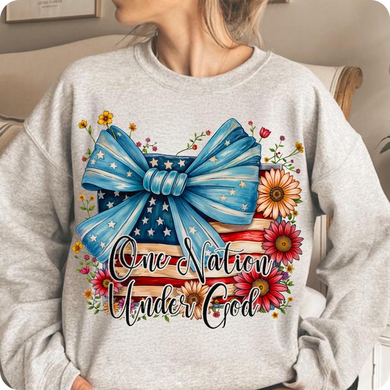 One Nation Under God PNG sublimation design featuring an American flag and patriotic text, ideal for Christian 4th of July crafts.