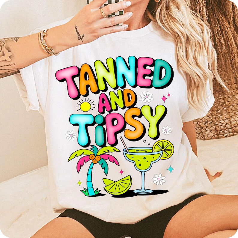 Tanned and Tipsy Retro Summer PNG Design Mockup on a T-Shirt