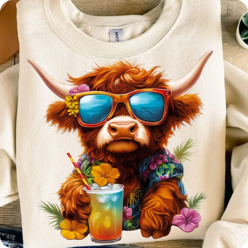 Retro Highland Cow Beach Vibes PNG design for summer shirts and crafts