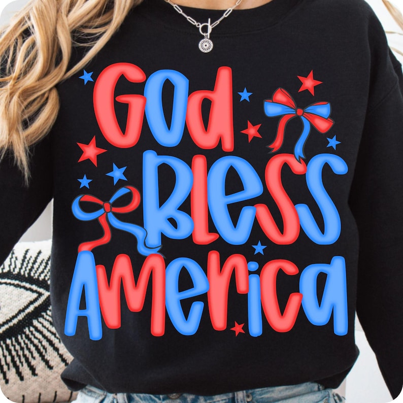 Preppy God Bless America PNG digital design featuring a patriotic bow and stars