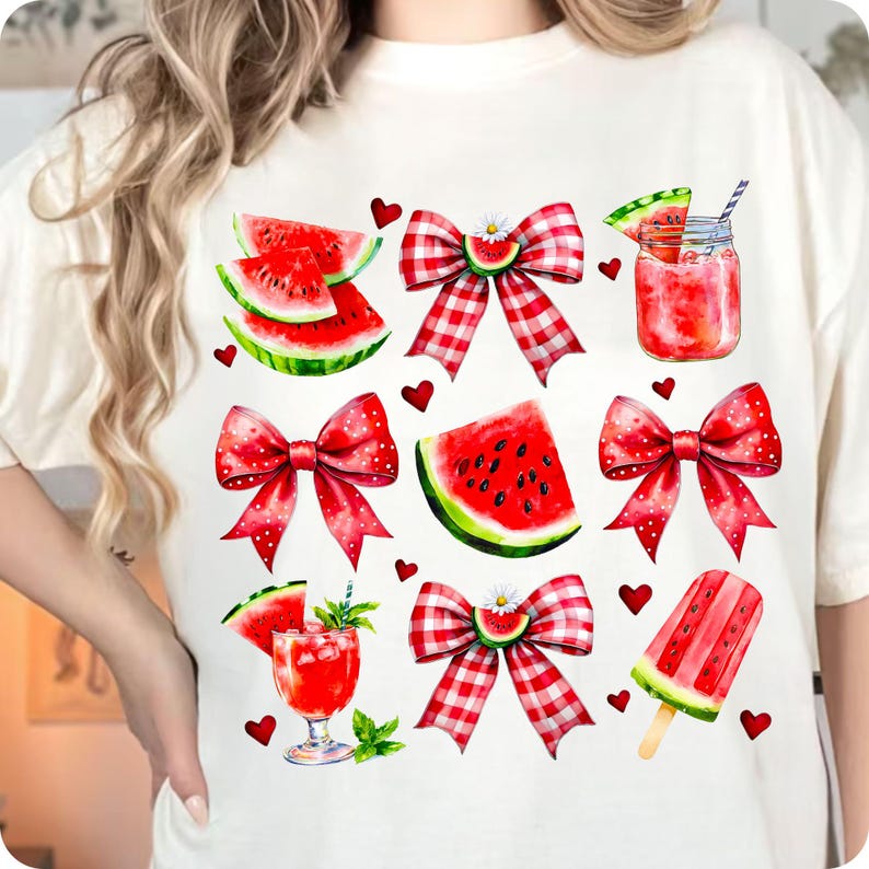 Adorable Coquette Watermelon Bow PNG with glitter and floral accents