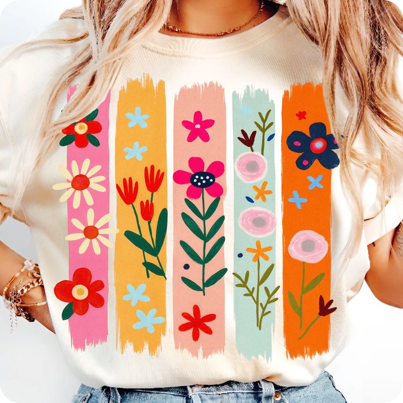 Trendy boho wildflower paint stroke PNG design printed on a summer t-shirt