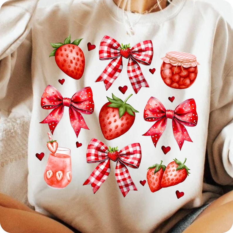 Coquette Strawberry PNG digital design with glitter effect and floral accents for summer sublimation