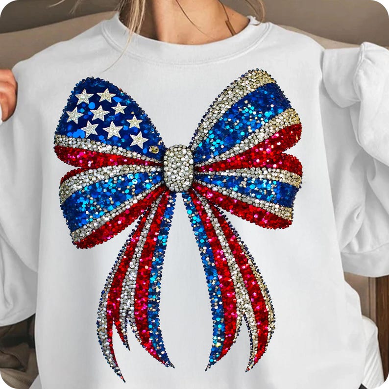 Sparkly Faux Rhinestone USA Coquette Bow PNG Sublimation Design