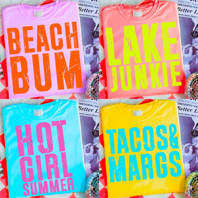 Neon Summer PNG bundle featuring beach life designs like 'Sunshine Beach Life' and ocean elements on a t-shirt mock-up.