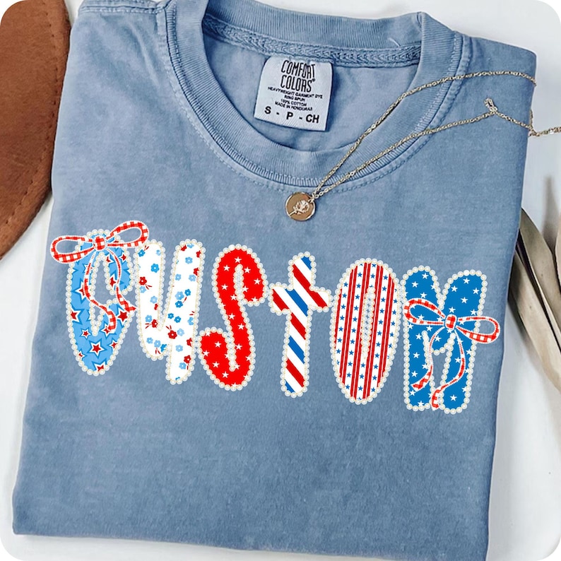Custom Name Floral American Glitter Coquette PNG design for 4th of July, showcasing retro style.