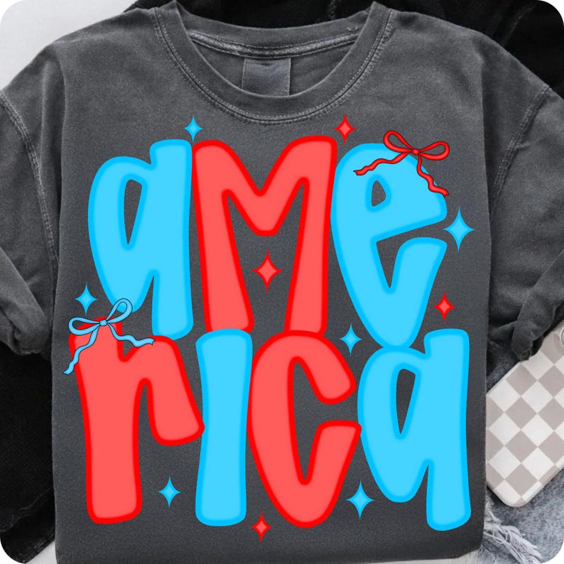 Preppy America Coquette Bow PNG with floral glitter design on a t-shirt mock-up