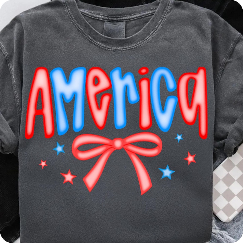 Checkered America Coquette PNG design on a white background, featuring a heart-shaped American flag with a bow, perfect for 4th of July sublimation.