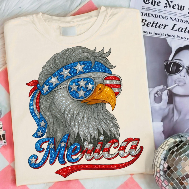 Retro 4th of July Eagle PNG design featuring faux rhinestone patriotic eagle on a t-shirt