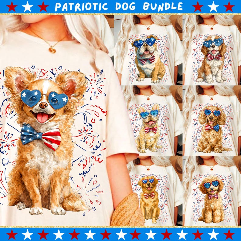 Patriotic Dog PNG Bundle featuring watercolor Goldendoodle, Bulldog, and Dachshund in 4th of July red, white, and blue themes