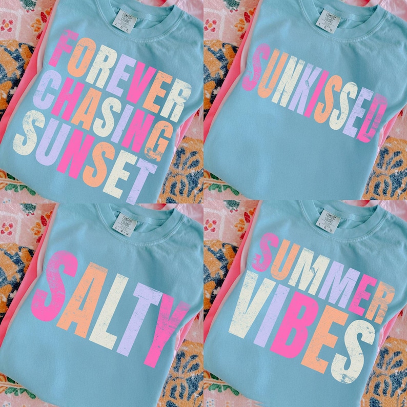 A collection of distressed retro typography summer-themed designs, showcasing phrases like "Beach Life," "Sunshine," and "Lake Vibes" in a neon pastel palette.