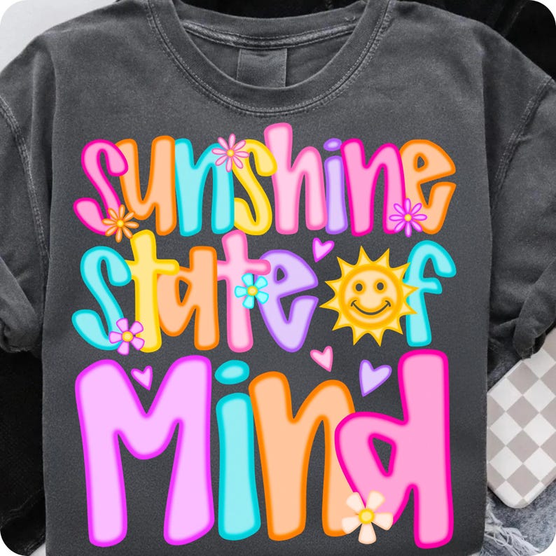 Preppy Sunshine State of Mind Neon Retro Beach PNG Design on a T-Shirt