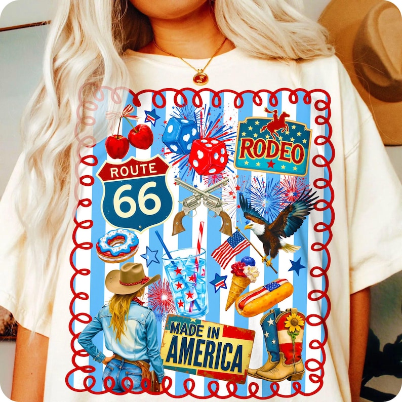 Vibrant Western Collage 4th of July PNG design with retro patriotic elements and a coquette bow.
