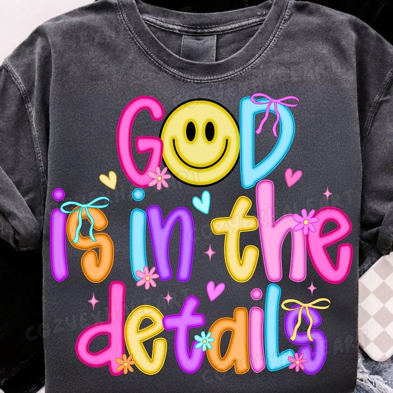 Preppy "God Is In The Details" PNG with glitter text and neon smiley on a white background