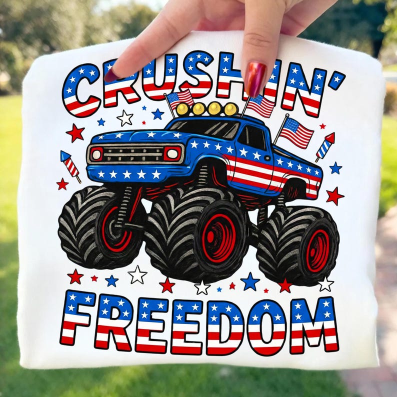Monster Truck Crushin Freedom PNG design on a white background, highlighting patriotic colors and vintage style.