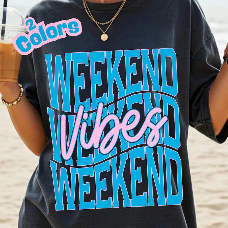 Weekend Vibes PNG design bundle featuring blue distressed text and pink polka dot accents on a white background.