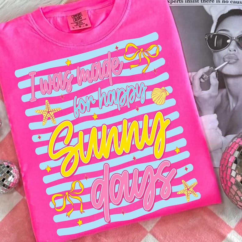 Happy Sunny Days Preppy Summer PNG Sublimation Design on a T-Shirt Mockup