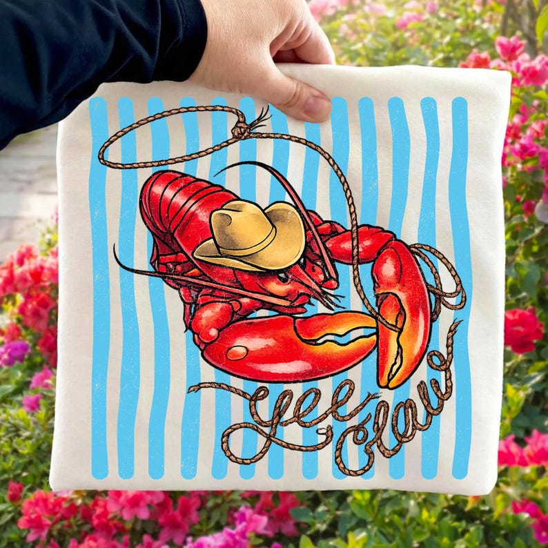 Yee Claw Cowboy Lobster PNG Design with Blue Stripes and Lasso
