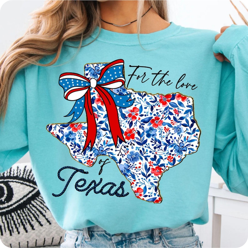 Patriotic Floral Texas Map PNG with Red White and Blue Bow Sublimation Design