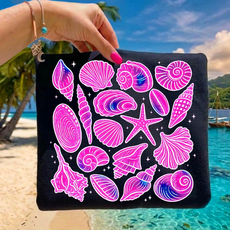 Neon pink and purple gradient seashell and starfish sublimation design