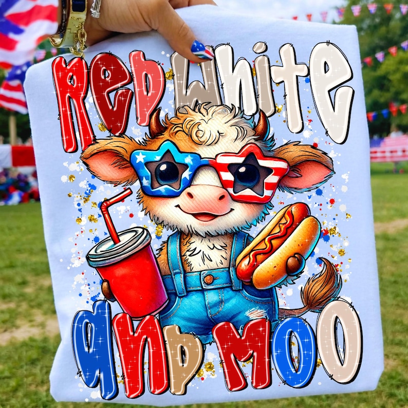 Red White and Moo 4th of July Highland Cow Sublimation Design