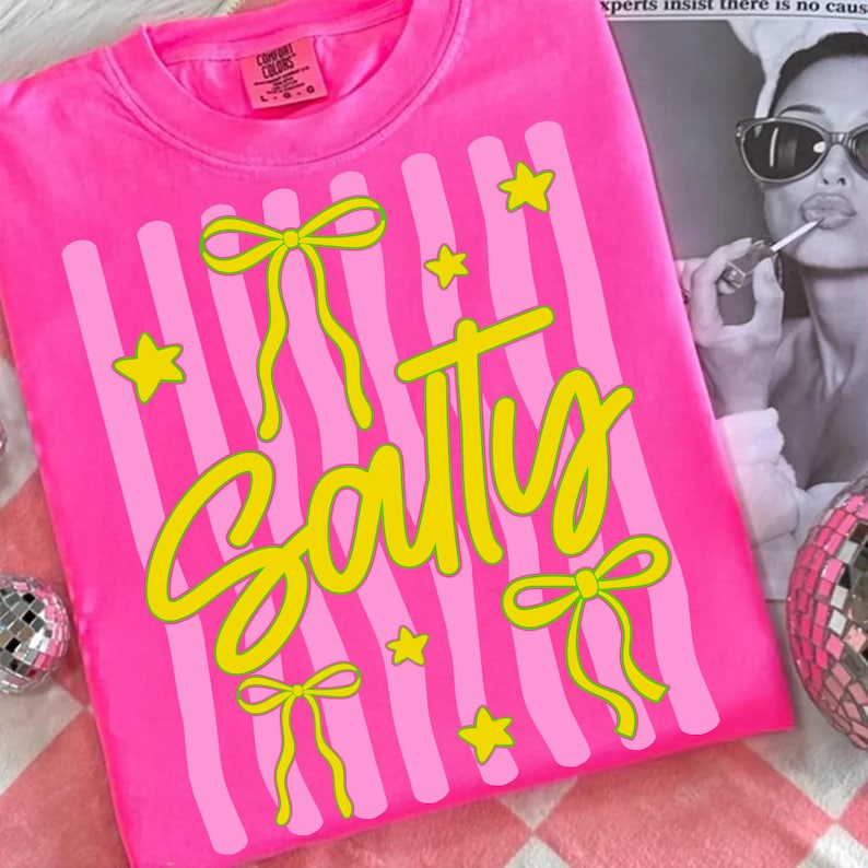 Retro Salty Beach PNG design with pink stripes and coquette bow