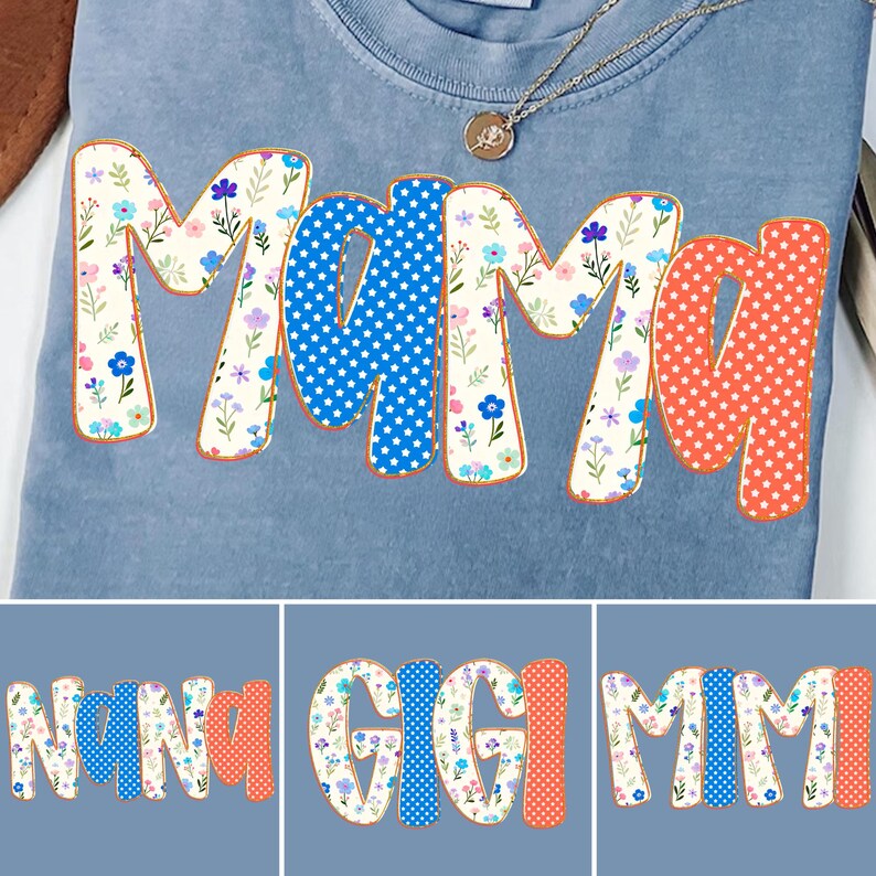 Vibrant 'Mama' 4th of July sublimation design with patriotic floral bubble letters