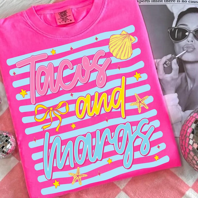 Striped Tacos and Margaritas Summer PNG Sublimation Design mockup on a t-shirt