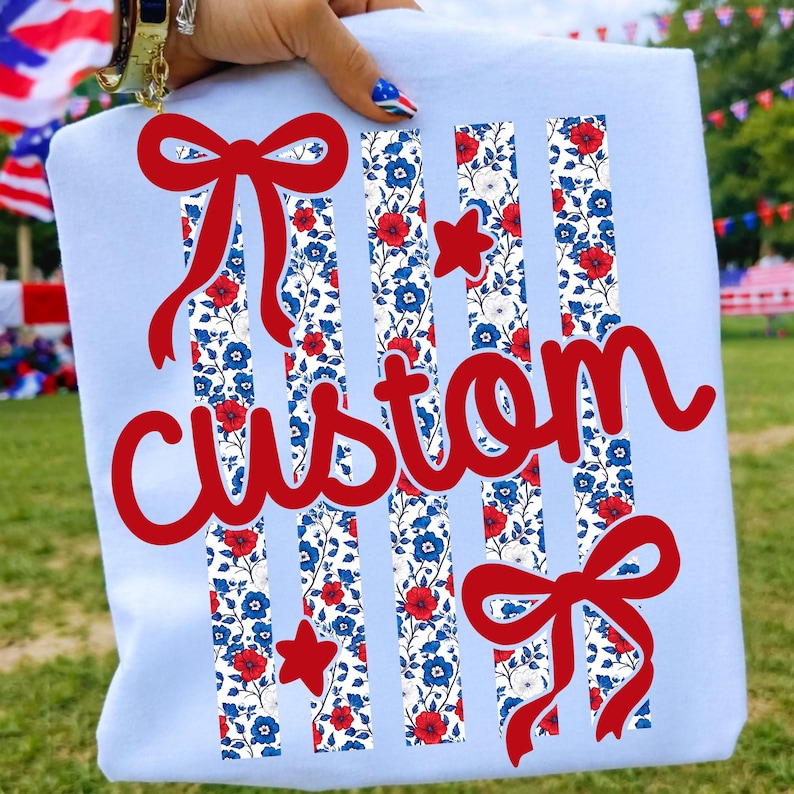 4th of July Custom Name PNG with striped coquette bow and ditsy floral design for sublimation.