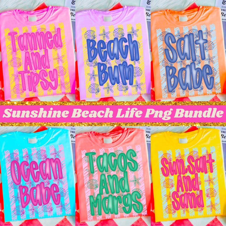 Vibrant 'Beach Life' digital design featuring neon pink and orange stripes, a palm tree, and playful typography, ideal for summer sublimation.