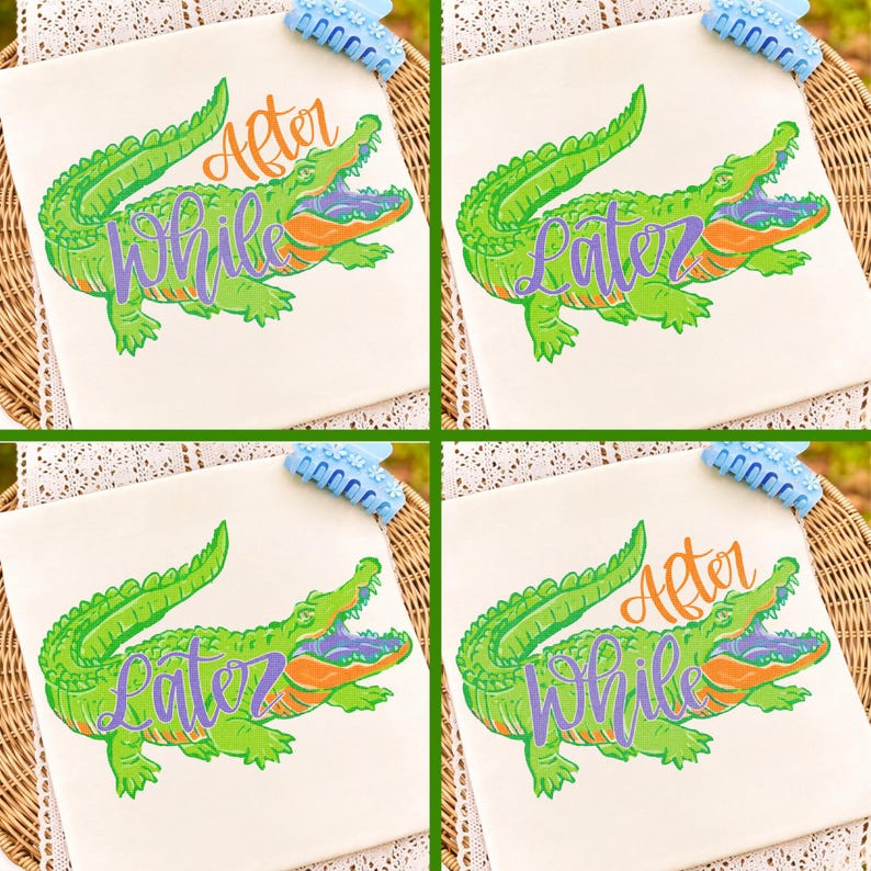 Retro halftone 'Later Gator After While Crocodile' design featuring a vibrant green alligator graphic.