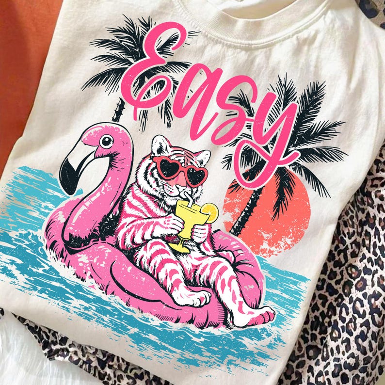 Easy Tiger Pink Flamingo Float Sublimation Design on a T-Shirt
