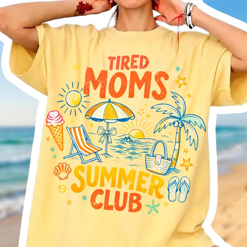 Tired Moms Summer Club PNG design featuring nautical elements and coquette bows on a t-shirt mockup.