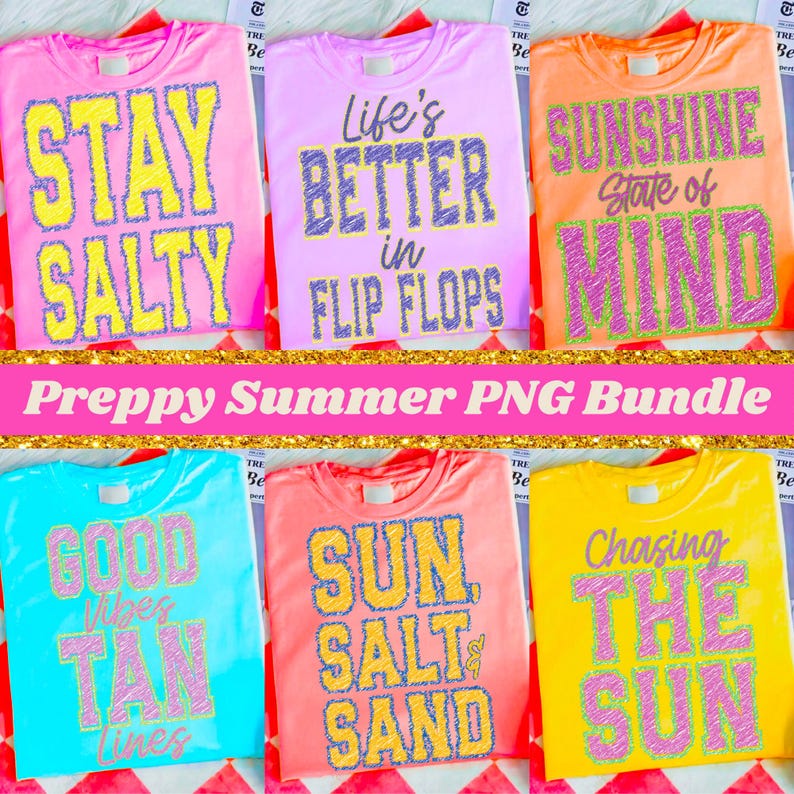 Close-up of a vibrant neon preppy beach quote PNG design in retro scribble style, perfect for summer sublimation.