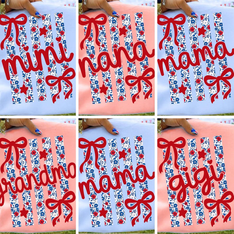 4th of July Mama and Grandma PNG Bundle with Coquette Bow and Floral Stripes