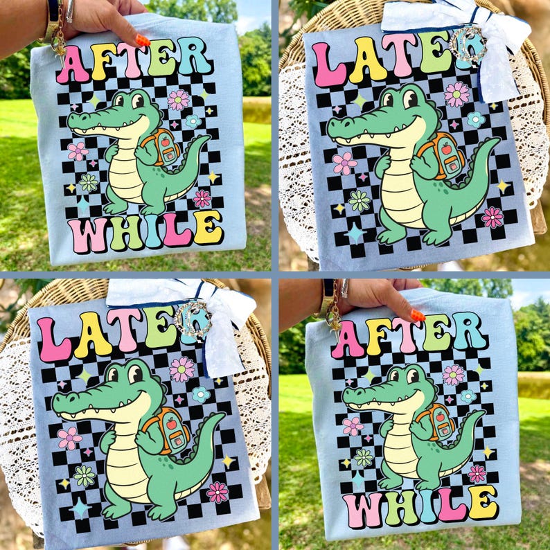 Vibrant Retro Alligator PNG design with "Later Gator After While Crocodile" text in a groovy checkered style, perfect for back to school shirts.