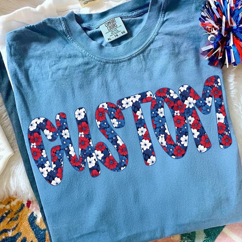Customizable Red, White, and Blue Ditsy Floral PNG design with 'Mom' text