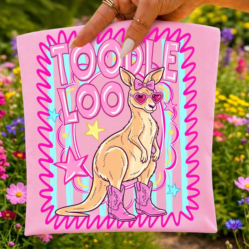 Toodle Loo Kangaroo PNG with pink bow, heart sunglasses, and cowgirl boots, perfect for sublimation and DTF projects.