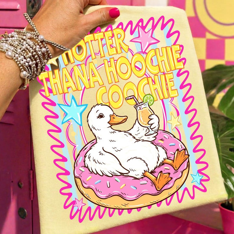 Image of Hotter Than A Hoochie Coochie PNG Goose Pool Float Sublimation Summer Cocktail Design Beach Vacation Shirt Pink Donut Float Digital Download