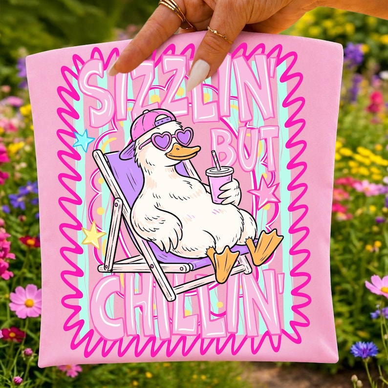 Sizzlin But Chillin' Duck PNG design featuring a duck in sunglasses, Y2K retro beach shirt design.