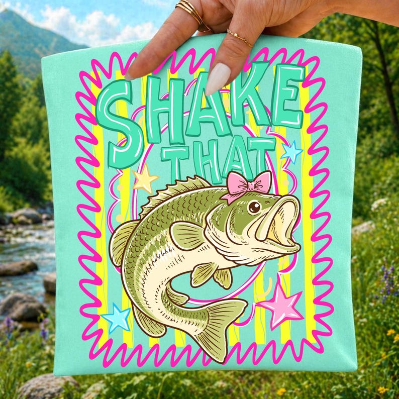 Image of Shake That Bass PNG, Striped Bass Fishing Sublimation Design, Preppy Fishing Bow PNG, Retro Lake Life Digital Download, Fishing Shirt Design