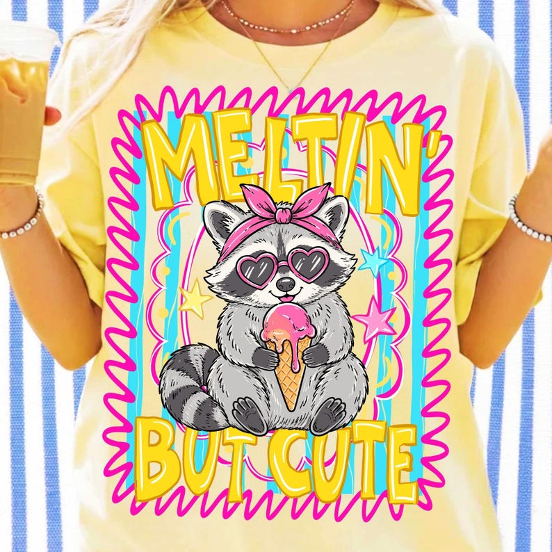 Retro Preppy Raccoon with Heart Sunglasses and Melting Ice Cream PNG Design