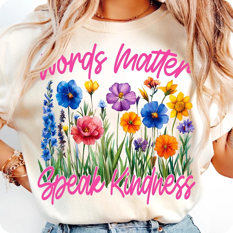 Words Matter Speak Kindness PNG with boho watercolor wildflowers and bold pink lettering on a white background.